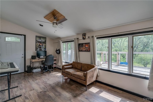 office with ceiling fan, wood-type flooring, and vaulted ceiling