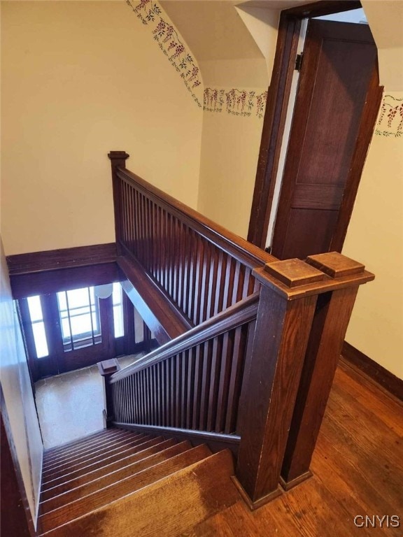 staircase with wood-type flooring