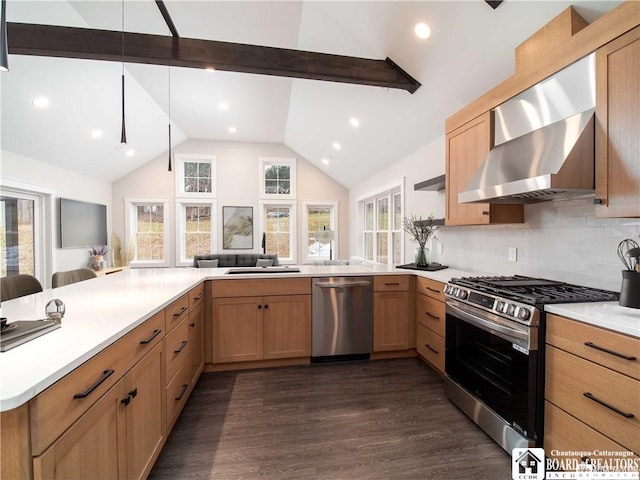 kitchen featuring dark wood-type flooring, appliances with stainless steel finishes, kitchen peninsula, and wall chimney range hood