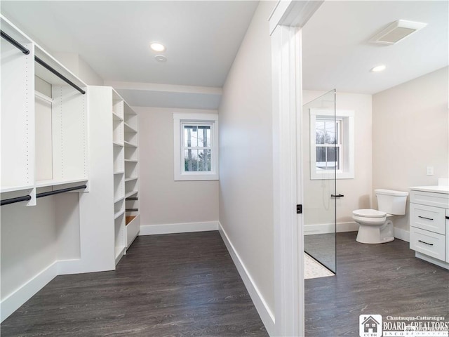 spacious closet with dark hardwood / wood-style flooring