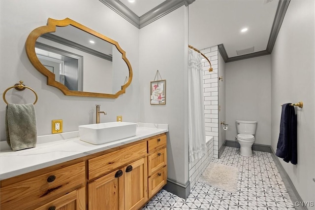 full bathroom featuring shower / tub combo, tile patterned floors, ornamental molding, vanity, and toilet