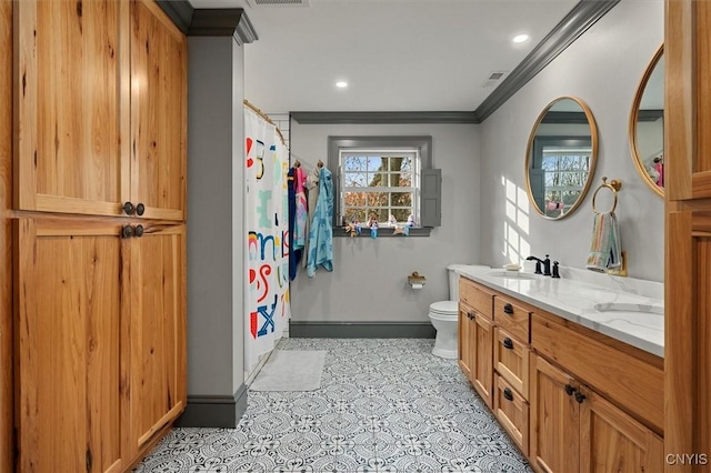 bathroom with vanity, a shower with shower curtain, tile patterned flooring, toilet, and ornamental molding