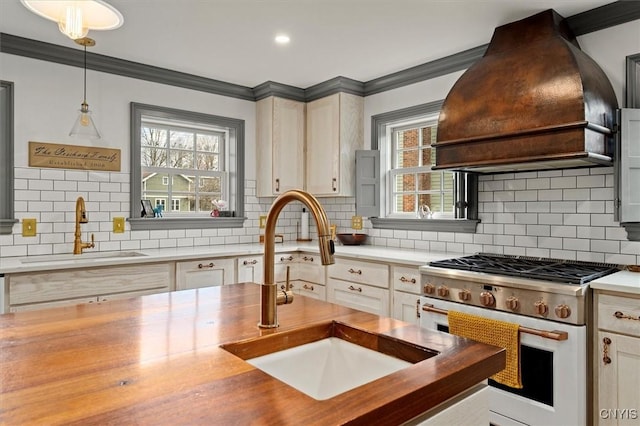 kitchen with butcher block countertops, sink, premium range hood, and stainless steel stove