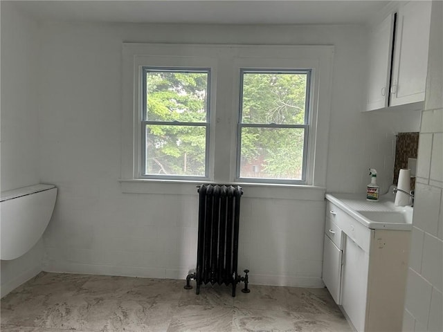 interior space with radiator heating unit, vanity, toilet, and a wealth of natural light