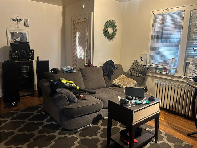 living room with wood-type flooring and radiator heating unit