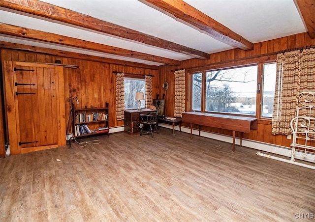 miscellaneous room with beam ceiling, wooden walls, a baseboard heating unit, and hardwood / wood-style flooring