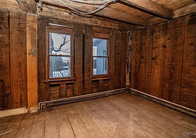 interior space with beam ceiling, wood-type flooring, and wooden ceiling