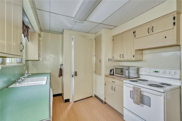 kitchen featuring a drop ceiling, sink, white electric range oven, cream cabinets, and light hardwood / wood-style floors