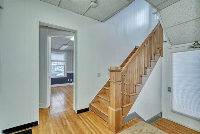 staircase with wood walls, a drop ceiling, and hardwood / wood-style flooring