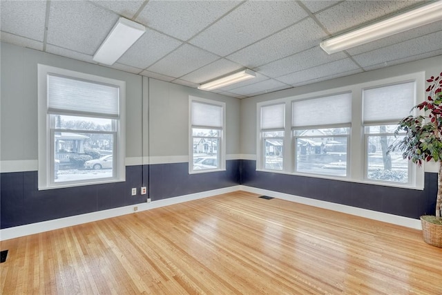 spare room featuring a paneled ceiling, hardwood / wood-style floors, and a healthy amount of sunlight