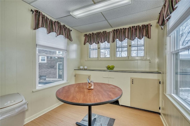 dining area featuring a drop ceiling and light hardwood / wood-style floors