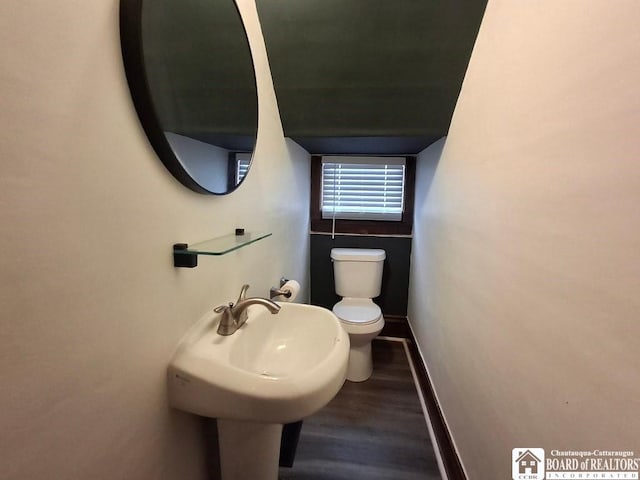 bathroom with hardwood / wood-style floors and toilet