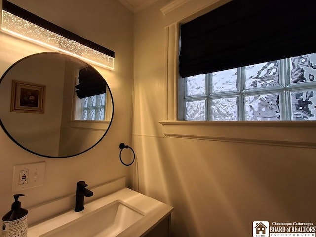 bathroom featuring vanity, crown molding, and a healthy amount of sunlight