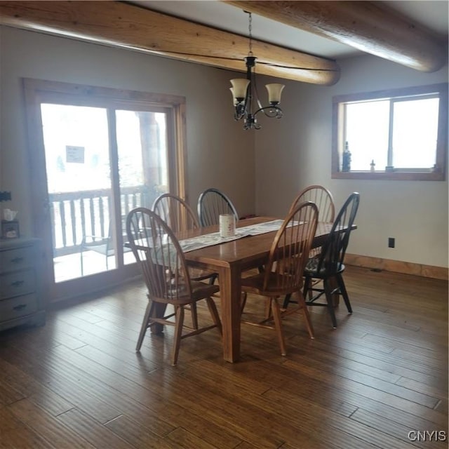 dining room with dark hardwood / wood-style floors, beam ceiling, and a chandelier