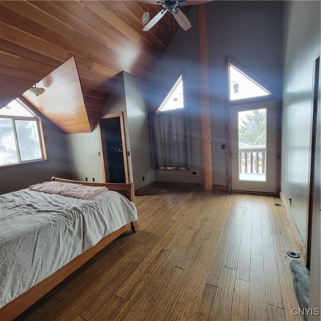 bedroom with ceiling fan, wooden ceiling, vaulted ceiling, and hardwood / wood-style flooring