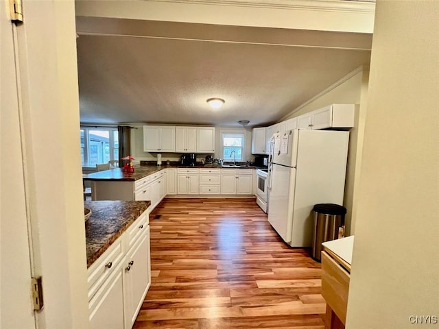 kitchen with white cabinetry, plenty of natural light, and white appliances