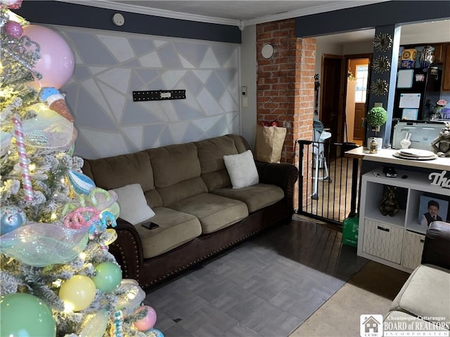 living room with ornamental molding