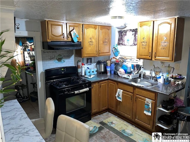 kitchen with exhaust hood, sink, light tile patterned floors, tasteful backsplash, and gas stove