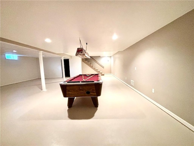 rec room featuring recessed lighting, visible vents, billiards, and baseboards