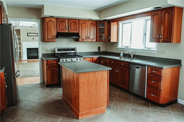 kitchen featuring dark countertops, stainless steel appliances, under cabinet range hood, a fireplace, and a sink