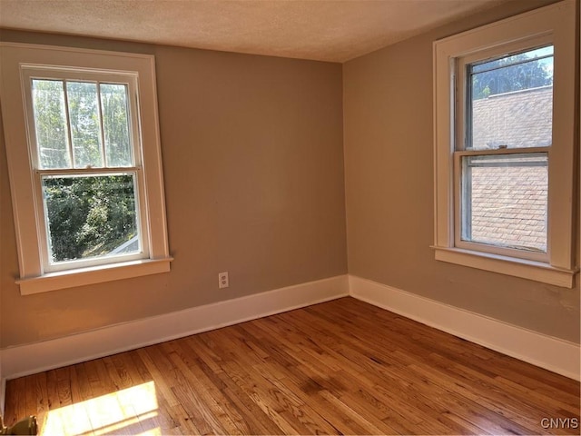 spare room with hardwood / wood-style floors, a healthy amount of sunlight, and a textured ceiling