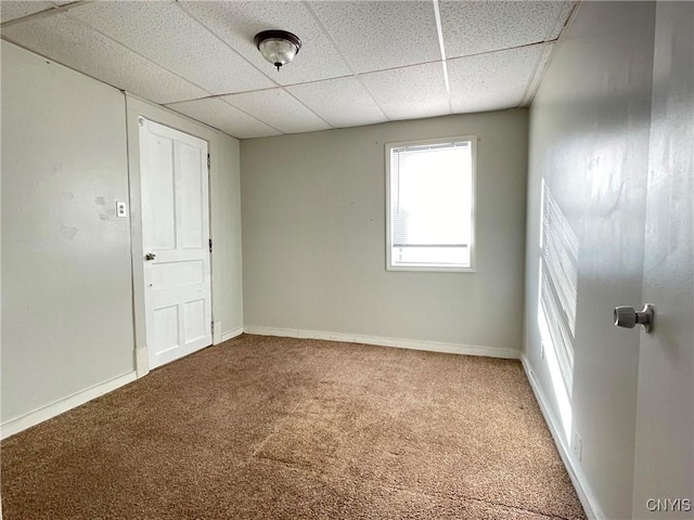 carpeted empty room featuring a drop ceiling