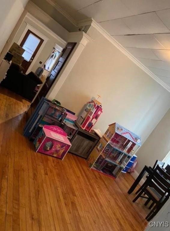 details featuring ornamental molding and hardwood / wood-style flooring