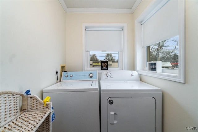 laundry room with crown molding and washing machine and clothes dryer