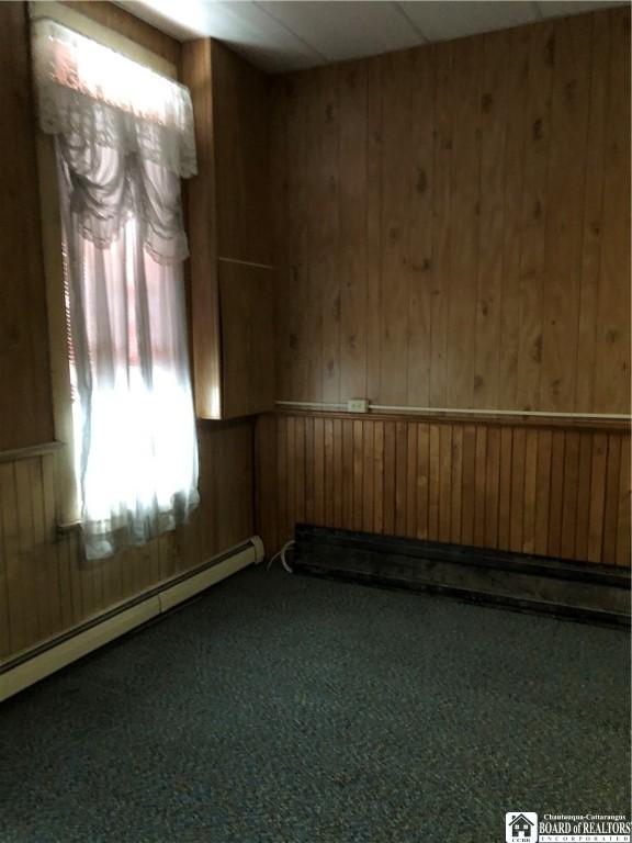 carpeted spare room with baseboard heating and wooden walls