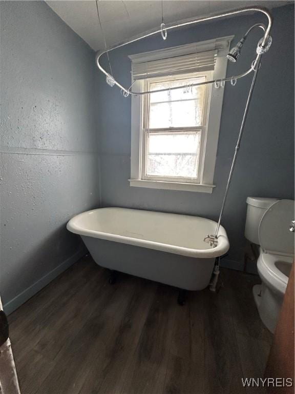 bathroom featuring a bathing tub, toilet, and hardwood / wood-style flooring