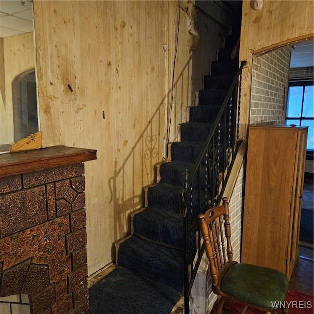 staircase with wood walls