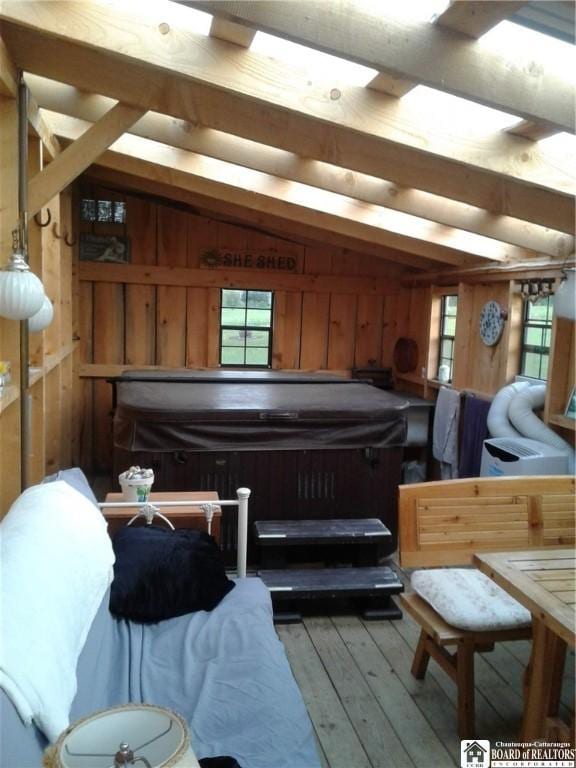 355 New Buffalo Rd, French Creek, NY 14724 - miscellaneous room featuring wood-type flooring, lofted ceiling, healthy amount of natural light, and wooden walls