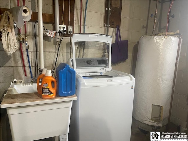355 New Buffalo Rd, French Creek, NY 14724 - clothes washing area with washer / dryer, water heater, and concrete block wall