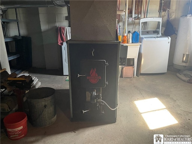 355 New Buffalo Rd, French Creek, NY 14724 - below grade area featuring washer / clothes dryer and heating unit