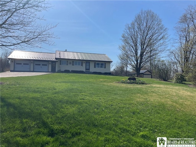 355 New Buffalo Rd, French Creek, NY 14724 - single story home with an attached garage, driveway, a front yard, and metal roof
