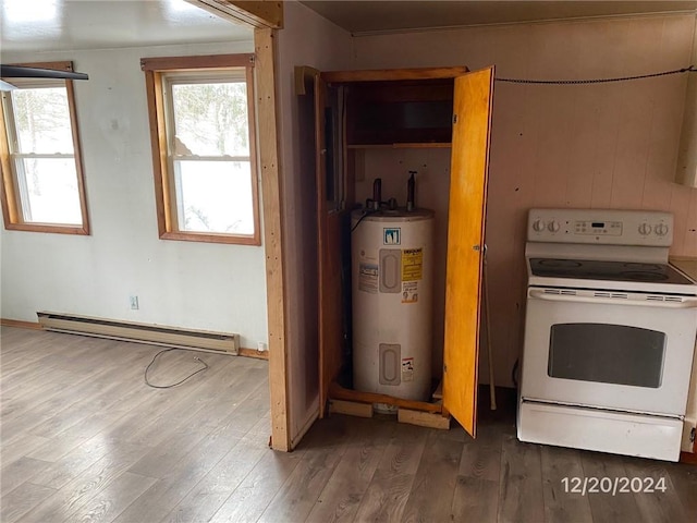 kitchen with dark hardwood / wood-style flooring, electric range, a baseboard heating unit, and water heater