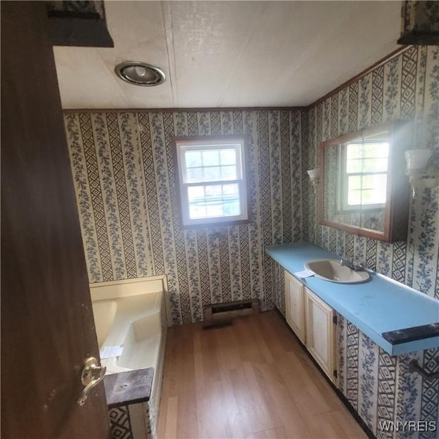 bathroom with a tub to relax in, plenty of natural light, vanity, and hardwood / wood-style flooring