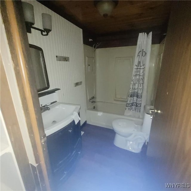 full bathroom featuring vanity, concrete flooring, shower / tub combo, and toilet