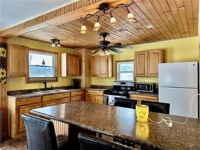 kitchen with ceiling fan, sink, wooden ceiling, and appliances with stainless steel finishes