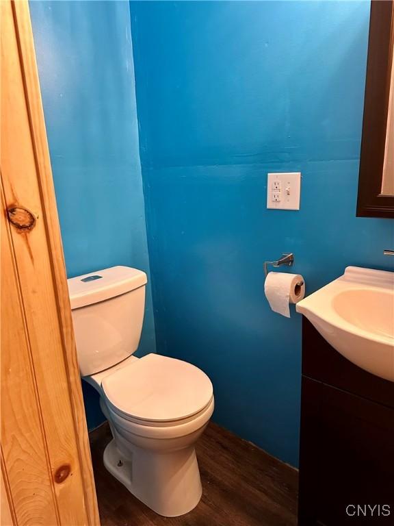 57 Liberty St, Adams, NY 13605 - half bathroom featuring wood finished floors, vanity, and toilet