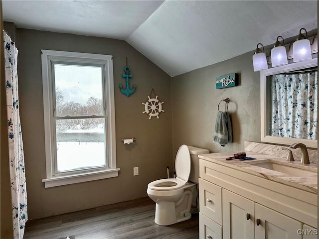 bathroom with toilet, wood-type flooring, vanity, and vaulted ceiling