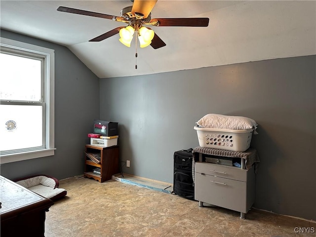 office area featuring ceiling fan and lofted ceiling