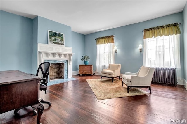 office space with dark hardwood / wood-style floors, a stone fireplace, and radiator