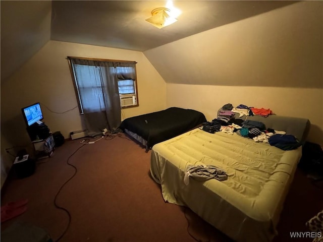 carpeted bedroom with a baseboard radiator and vaulted ceiling