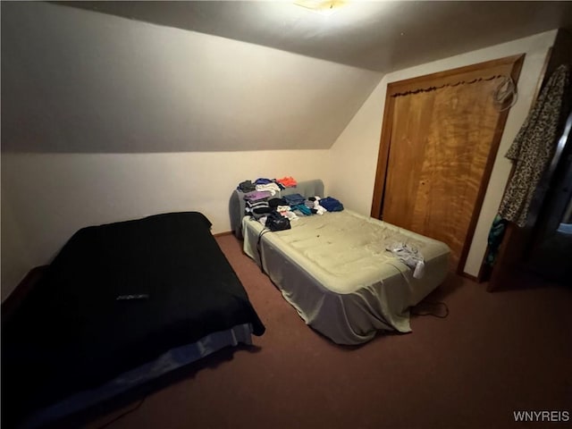 bedroom with carpet floors and vaulted ceiling