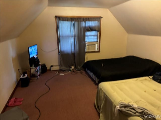 carpeted bedroom with cooling unit, a baseboard radiator, and vaulted ceiling