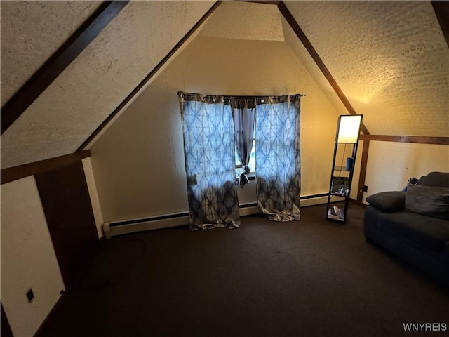 bonus room with a textured ceiling, carpet flooring, lofted ceiling, and a baseboard heating unit