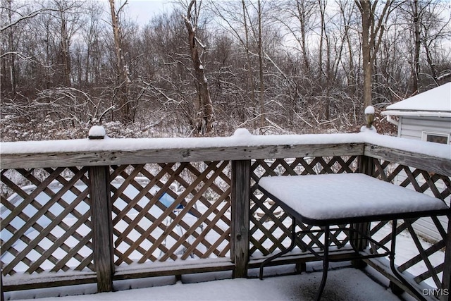 view of snow covered back of property