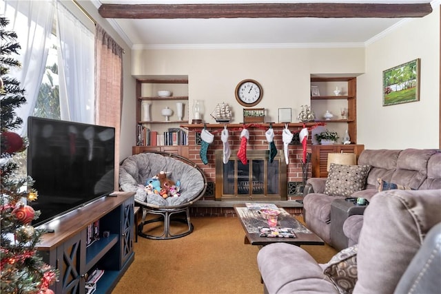 carpeted living room with crown molding and a fireplace