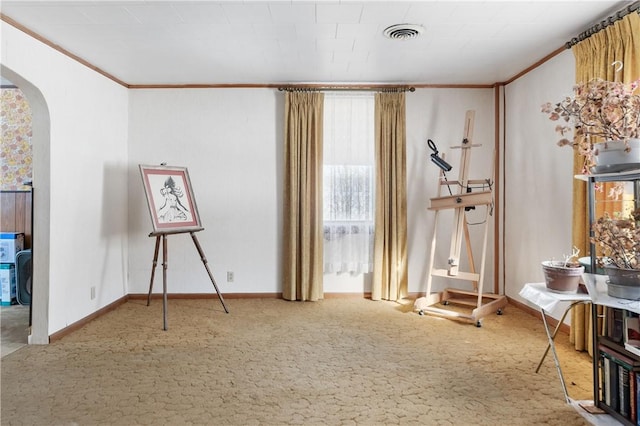 miscellaneous room with carpet floors and ornamental molding